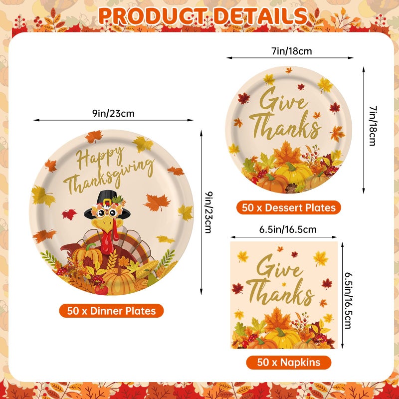 PERFQU 150 Pcs Thanksgiving Plates and Napkins Sets - Happy Thanksgiving Round Tableware, Disposable Fall Turkey Give Thanks Paper Dinner Dessert Plates Dinnerware for Thanksgiving Party Supplies, Serve 50 - Image 3